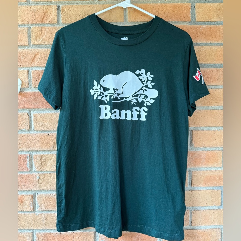 Roots Dark Green Banff Tee with White Velvet Graphic with embroidered Canada